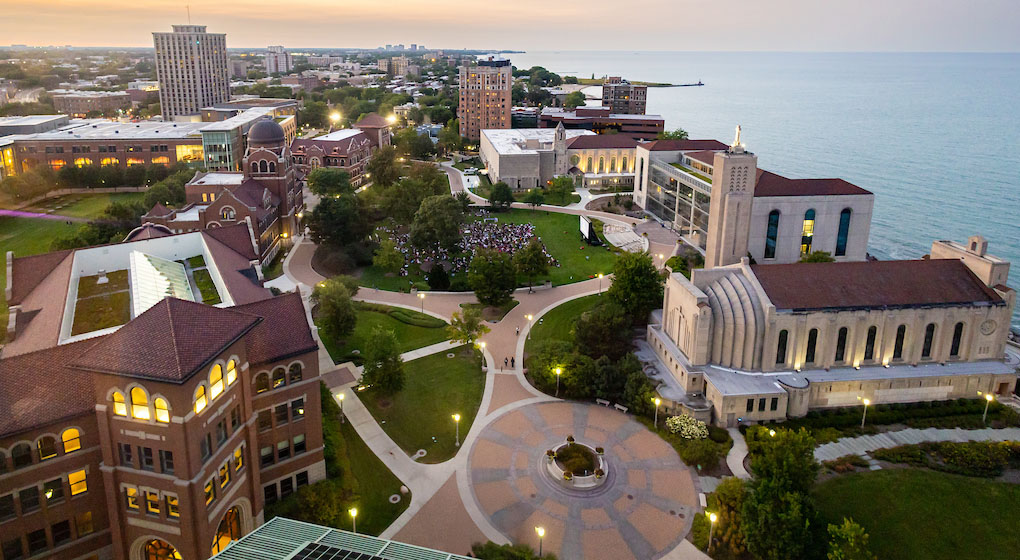 Aerial view of Lake Shore Campus at sunset